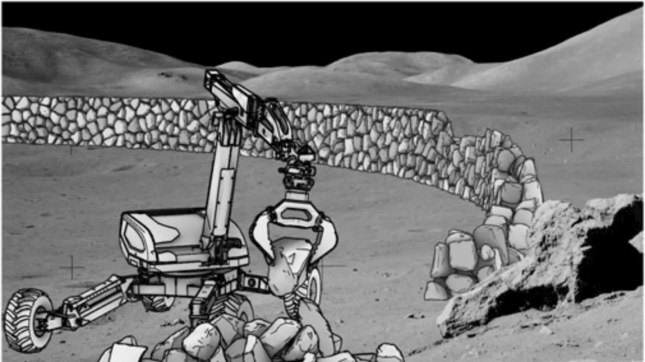 Robot excavators to build rocket blast shield walls using lunar boulders