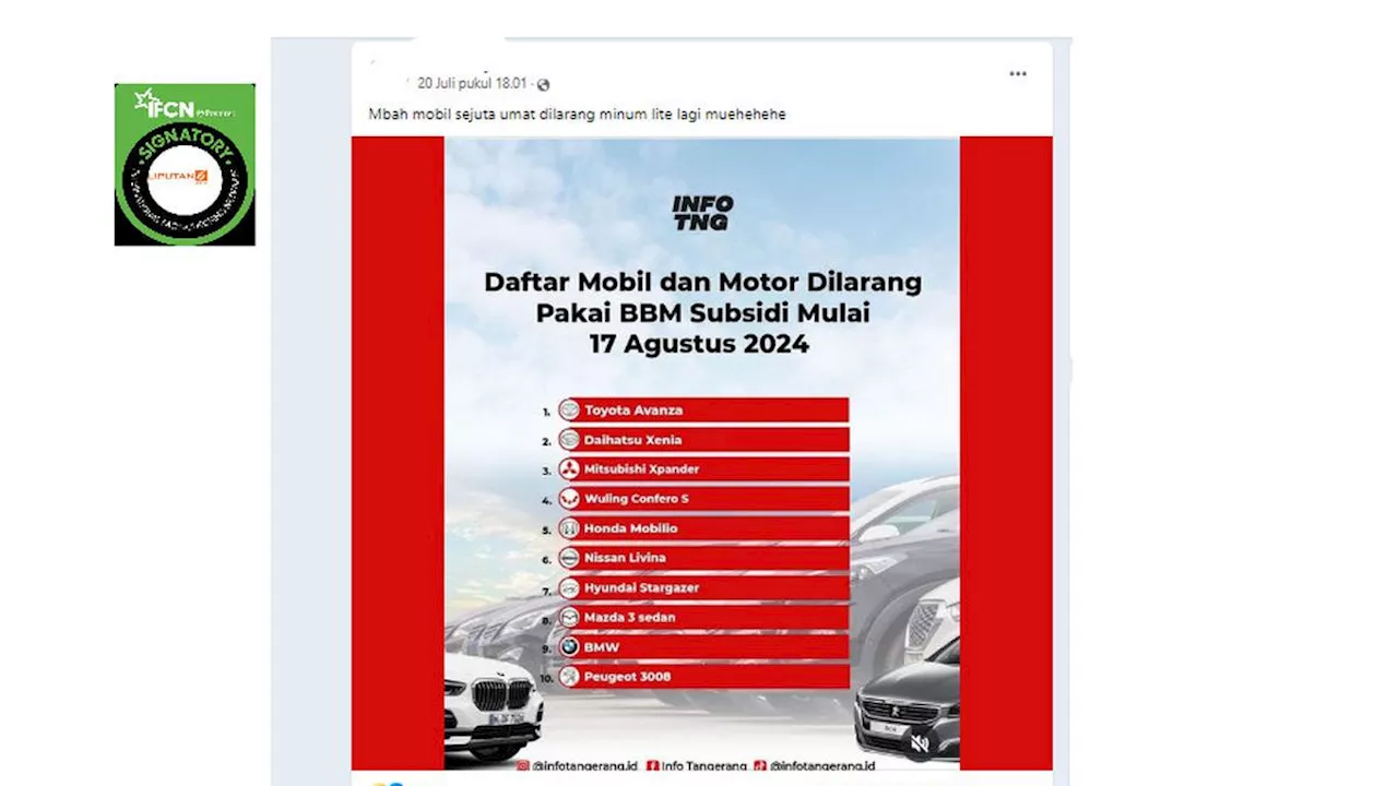 Cek Fakta: Klarifikasi Daftar 10 Merek Mobil yang Dilarang Pakai BBM Subsidi Mulai 17 Agustus