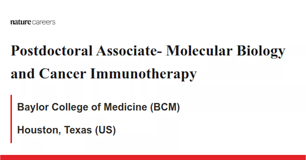 Postdoctoral Associate- Molecular Biology and Cancer Immunotherapy - Houston, Texas (US) job with Baylor College of Medicine (BCM)