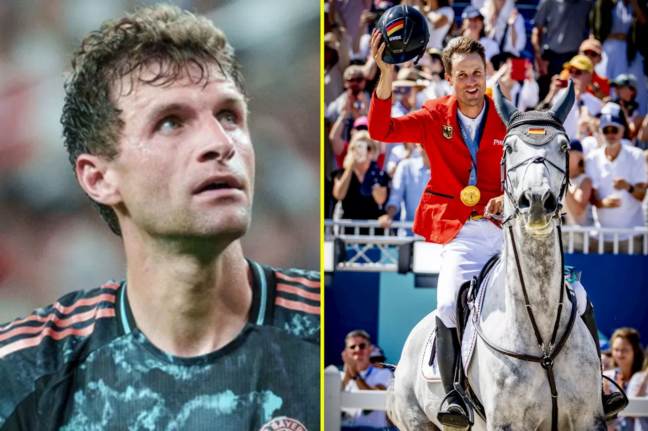 Bayern Munich legend Thomas Muller plays part in Germany winning Olympic gold medal in Individual Jumping...