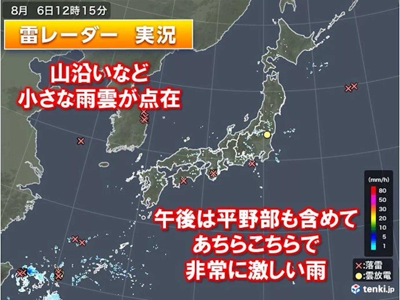 九州～関東、東北で雨雲発達中 午後は平野部もゲリラ豪雨による道路の冠水など警戒(気象予報士 中川 裕美子 2024年08月06日)