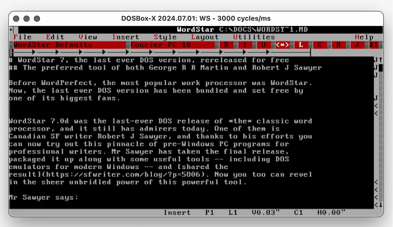 WordStar 7, the last ever DOS version, is re-released for free