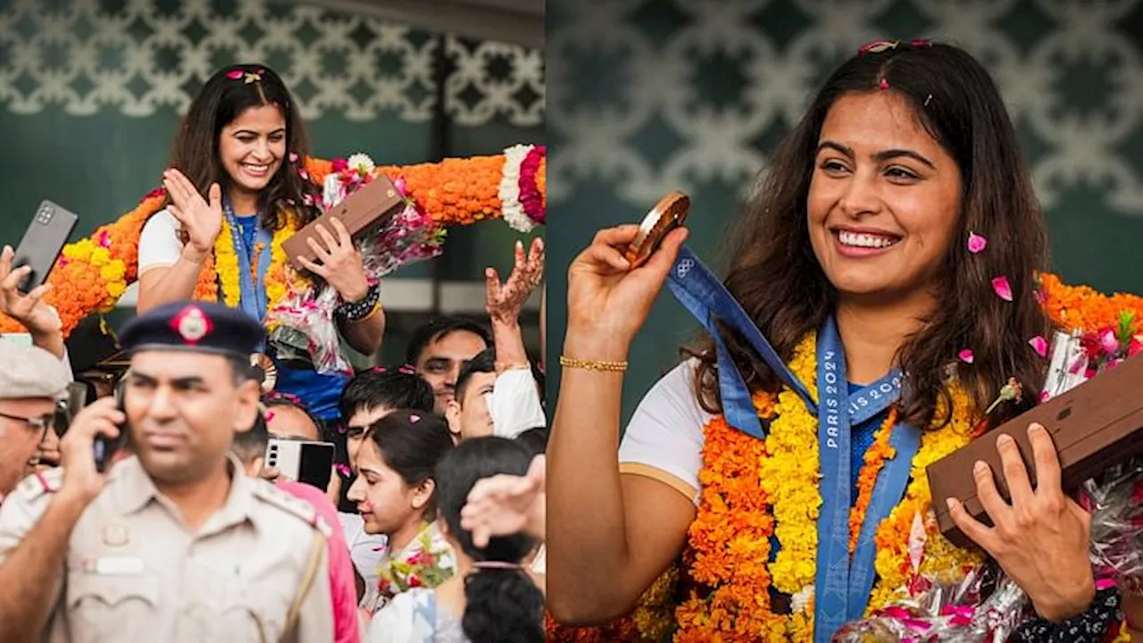 Manu Bhaker Photos: पदक विजेता मनु भाकर कोच के साथ लौटीं भारत, दिल्ली में हुआ भव्य स्वागत, बेटी पर देश को गर्व