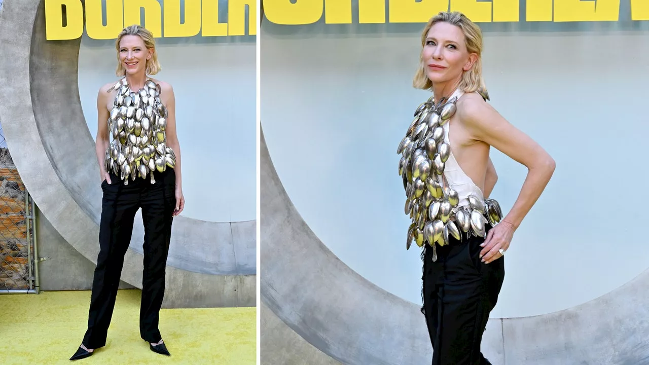 Cómo llevar blusas de metal con pantalones skinny y zapatos de tacón como Cate Blanchett