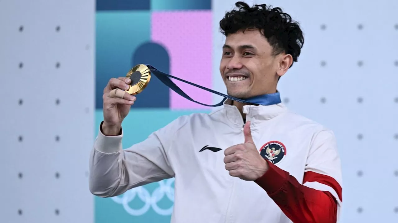 FOTO: Atlet Panjat Tebing Indonesia, Veddriq Leonardo Sabet Emas Pertama untuk Indonesia di Olimpiade Paris 2024