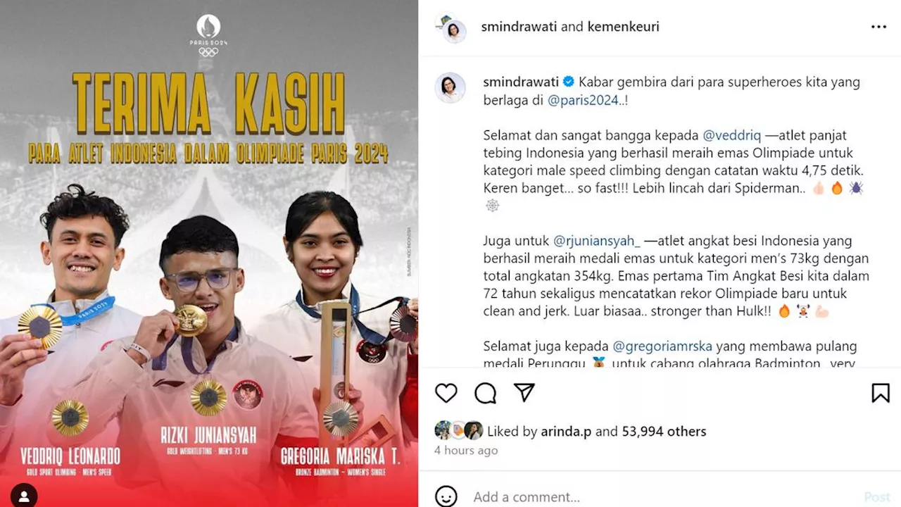 Veddriq Leonardo Cs Sumbang Medali di Olimpiade Paris 2024, Sri Mulyani: Selamat dan Terima Kasih