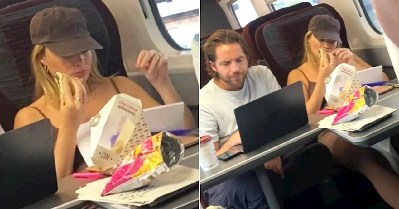 Pregnant Margot Robbie tries to go incognito while eating Pret on train