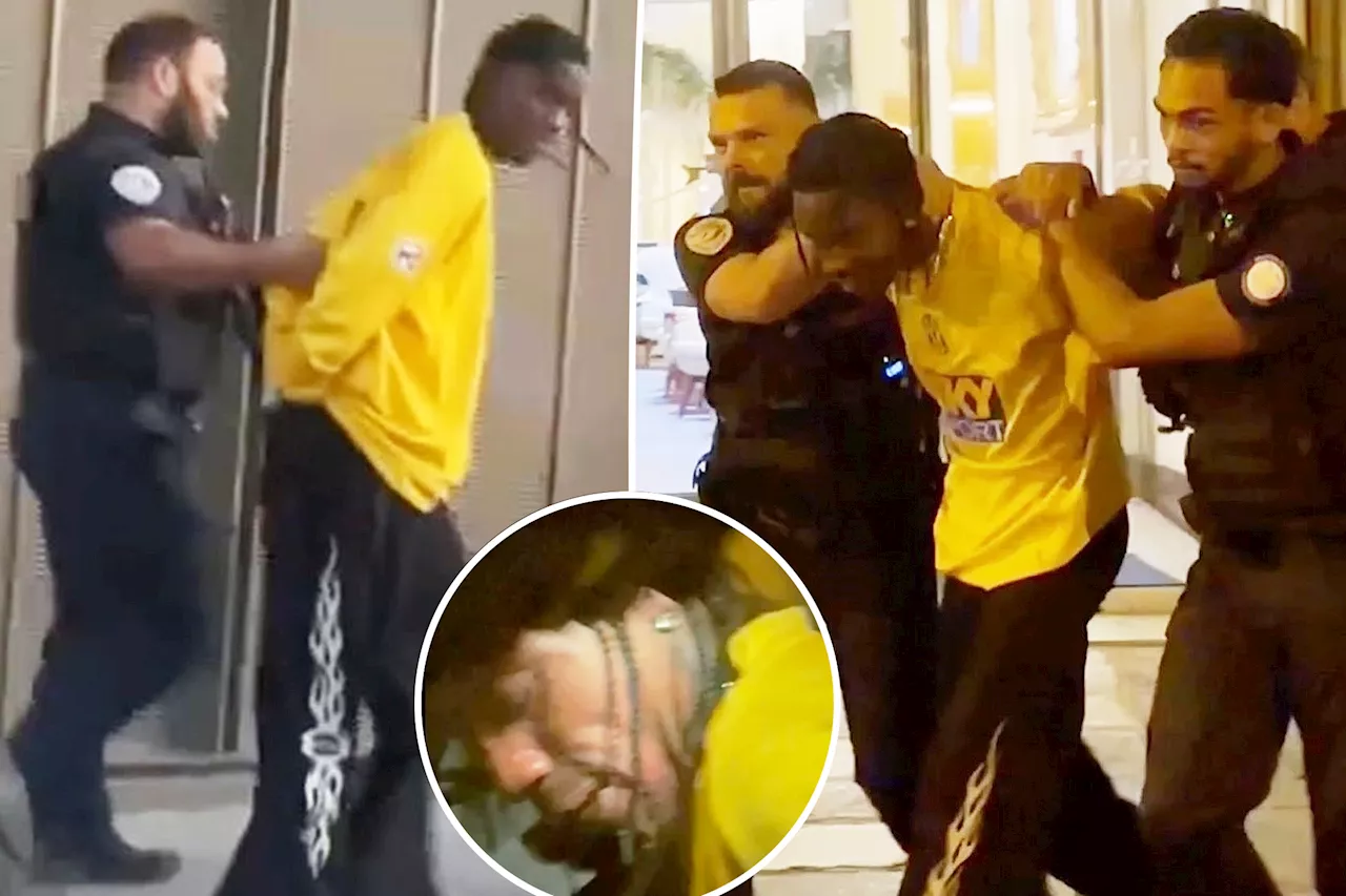 Handcuffed Travis Scott seen being dragged out of 5-star Paris hotel in new video following arrest