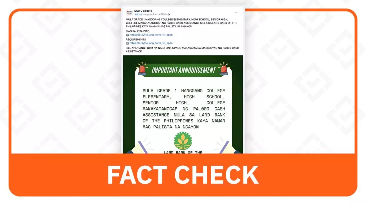 FACT CHECK: No P4,000 educational cash aid from Landbank