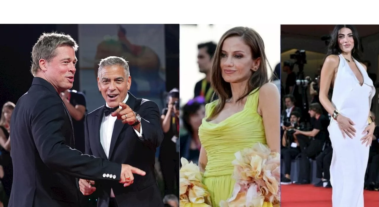 Venezia, pagelle dei look: Clooney in smoking, Pitt anni '70 (9). Chiara Iezzi regina dei fiori (9), Giulia Sa