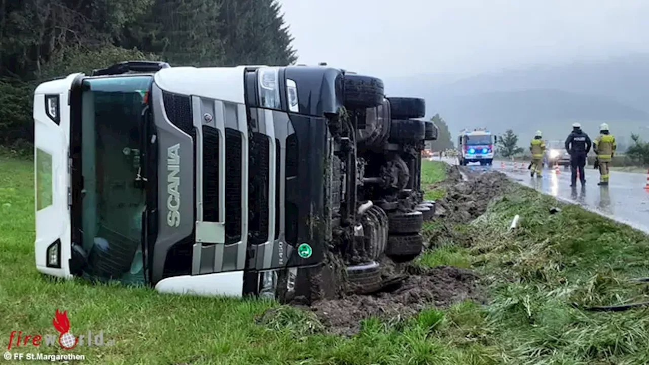 Sbg: Lkw auf der B 96 von Fahrbahn abgekommen und umgestürzt → Pellets umgeladen