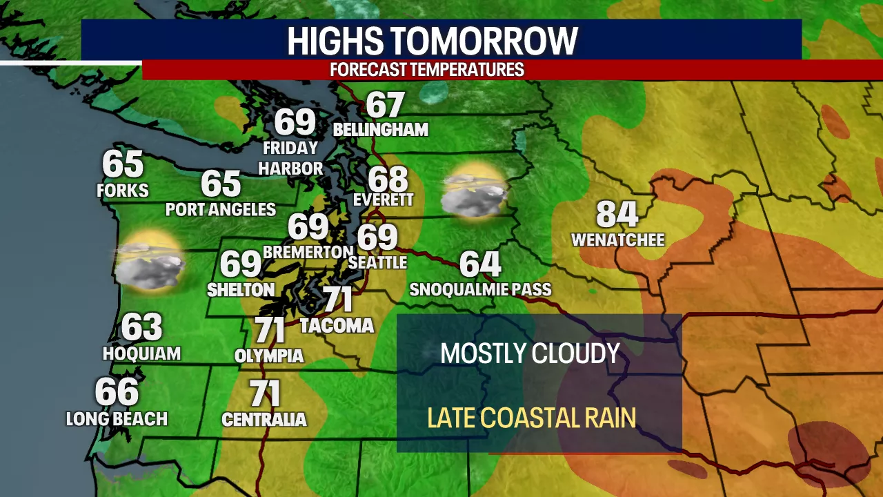 Seattle weather: Mostly cloudy, late showers Tuesday