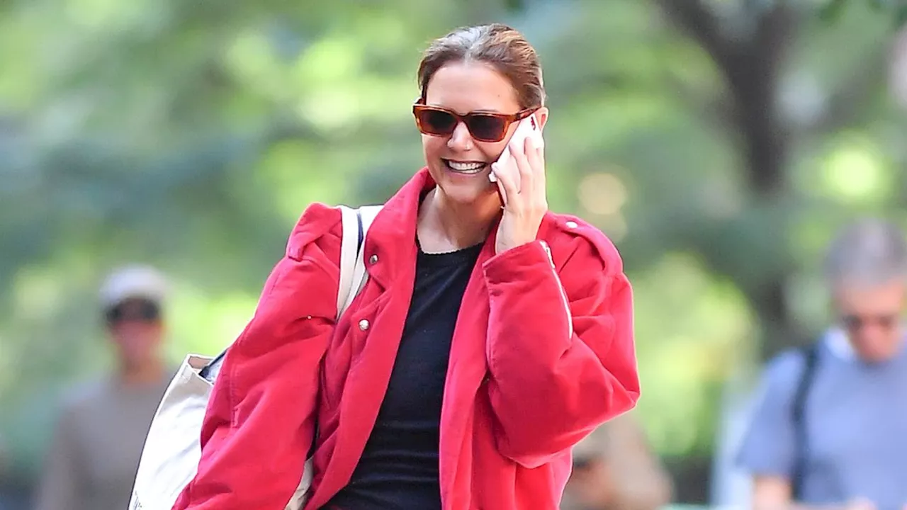 Katie Holmes Pairs Classic Ballet Flats With a Bright Red Twist on the Barn Jacket Trend