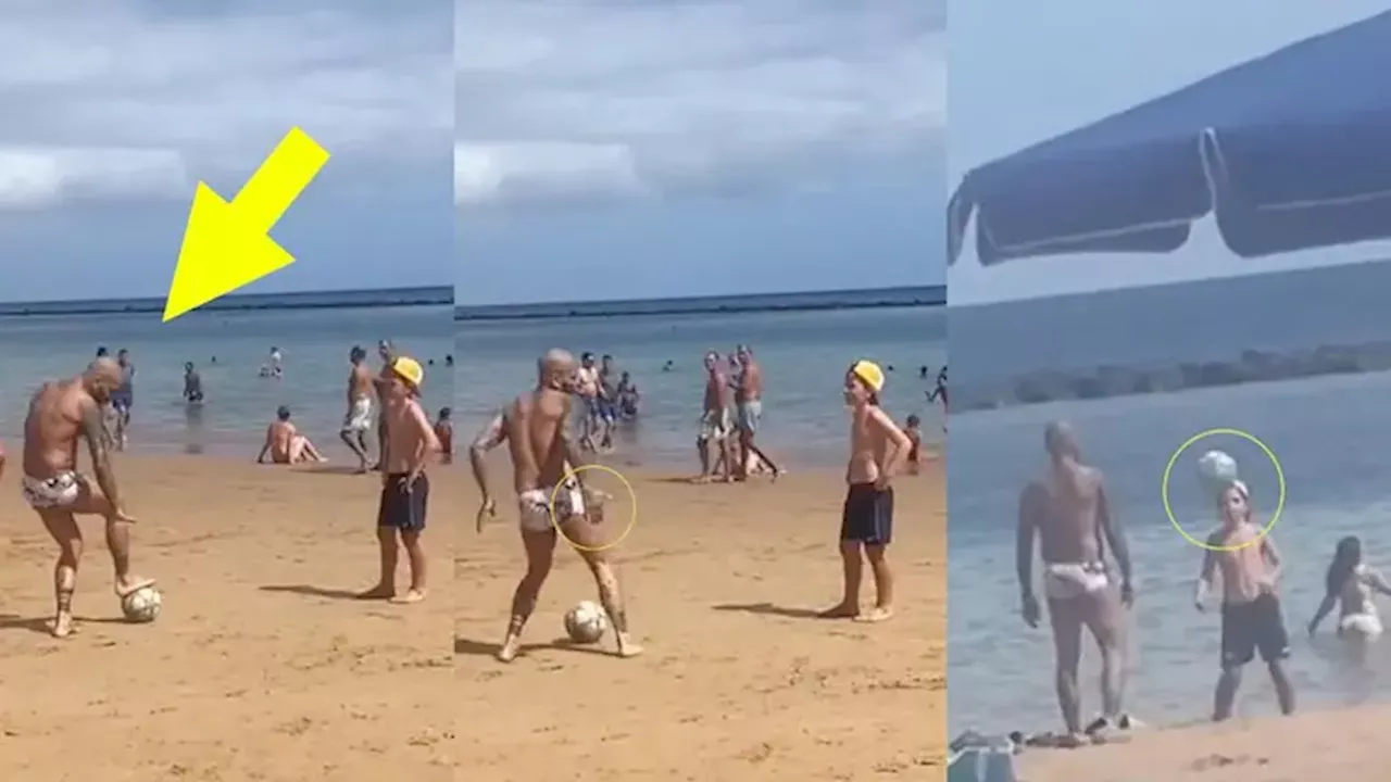 Dani Alves es captado en playa paradisíaca entrenando a un niño