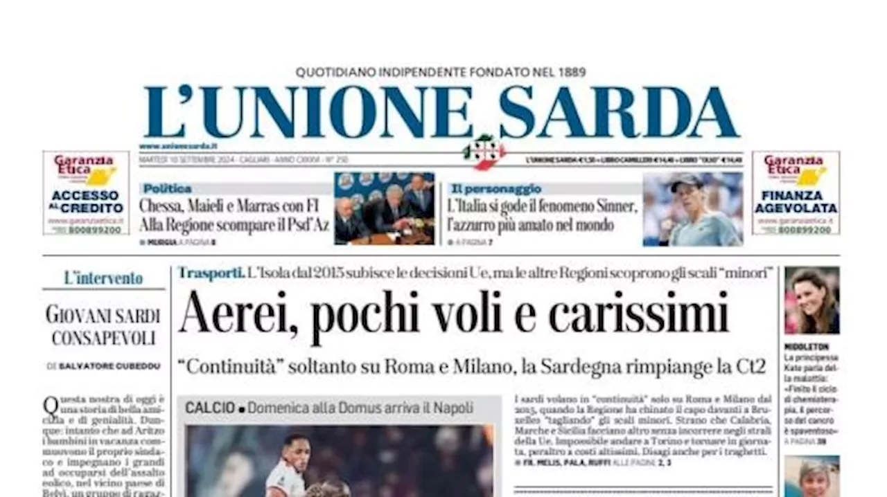 Il Napoli fa tappa a Cagliari, L'Unione Sarda apre: 'Mina torna e sfida Lukaku'