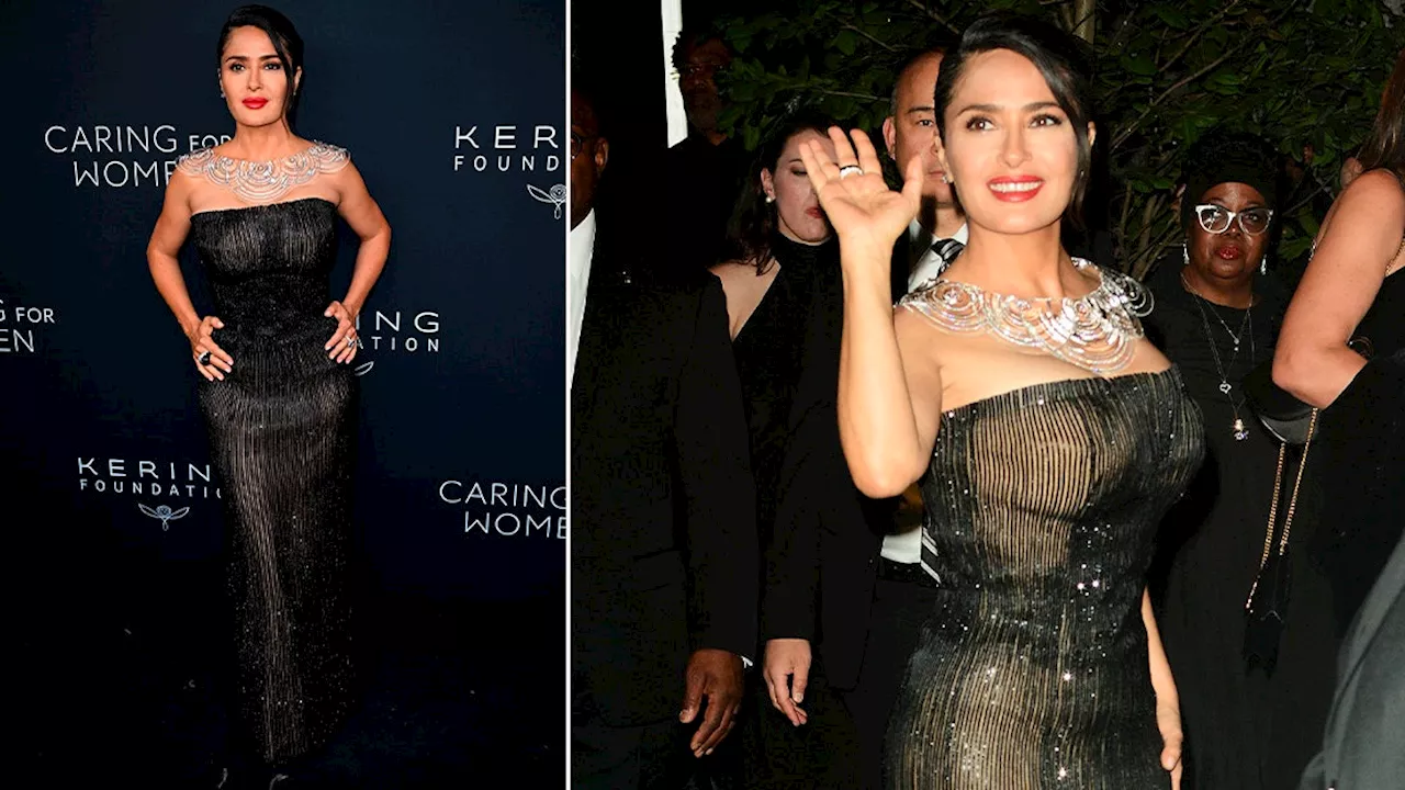 Salma Hayek impresionó con un vestido columna de escote strapless