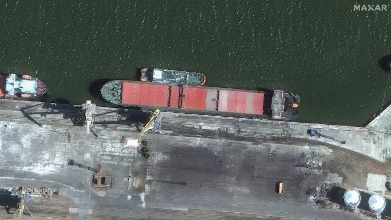 Russian ship suspected of delivering Iranian ballistic missiles seen at Caspian Sea port