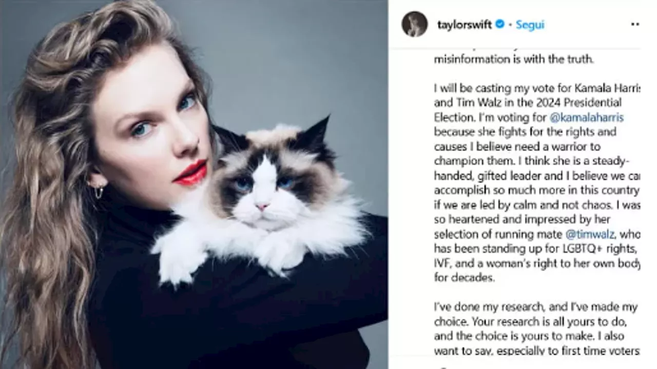 Taylor Swift e lo scatto felino per i democratici: “Voterò Harris e Walz”