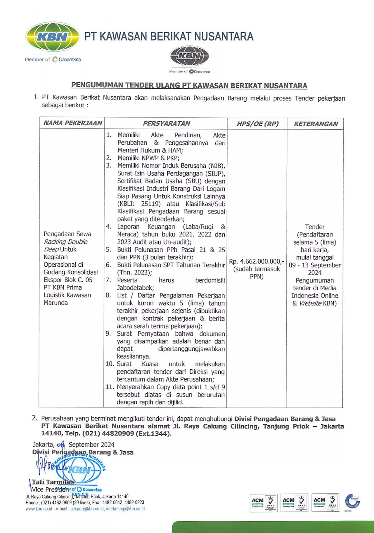 Pengumuman Tender Pengadaan Sewa Racking Double Deep Untuk Kegiatan Operasional di Gudang Konsolidasi Ekspor Blok C. 05 PT KBN Prima Logistik Kawasan Marunda PT KBN