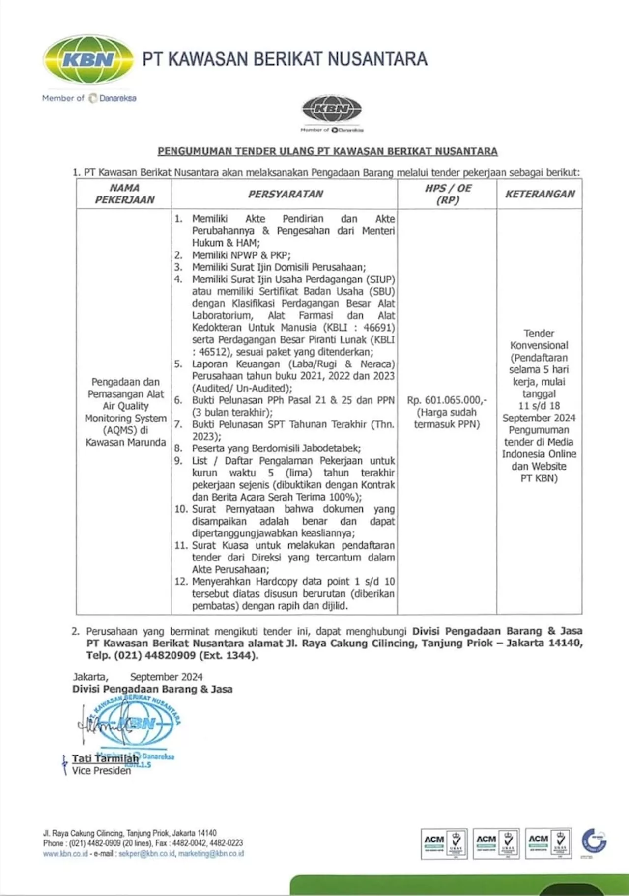 Tender pengadaan dan Pemasangan Alat Air Quality Monitoring System AQMS di Kawasan Marunda PT Kawasan Berikat Nusantara.