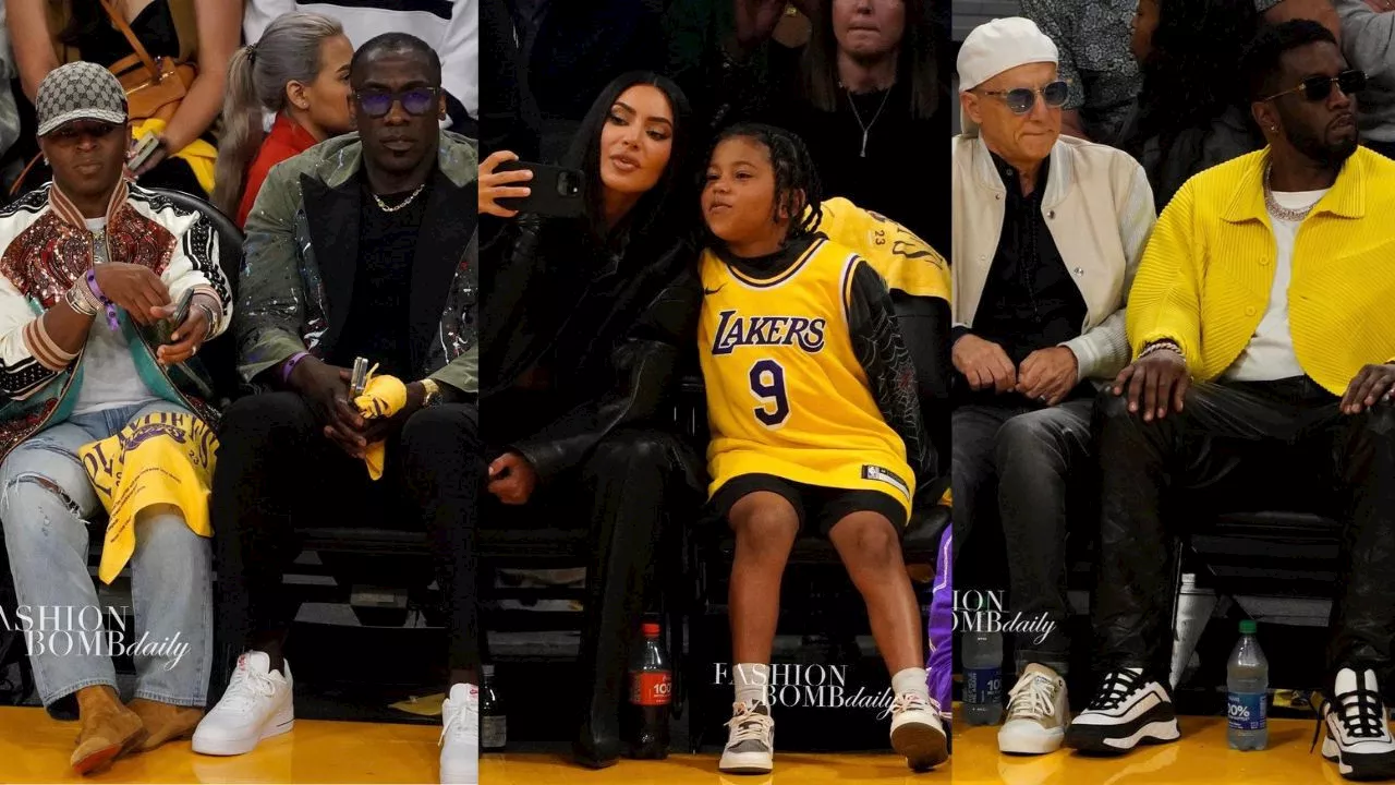 On the Scene at the Lakers Basketball Game: Shannon Sharpe in Greg Lauren Paint Splattered Jacket, Kim Kardashian in Balenciaga Black Leather, Diddy in a Yellow Homme Plisse Issey Miyake Jacket & More