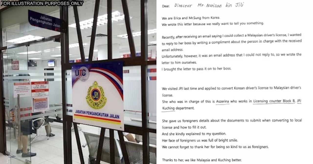 Korean Couple Pens Letter Directly to JPJ Sarawak Director to Praise a JPJ Officer's Excellent Service