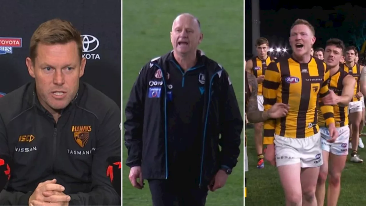 Sam Mitchell shuts down AFL journalist Mitch Cleary after Ken Hinkley exchanges words with Hawthorn players