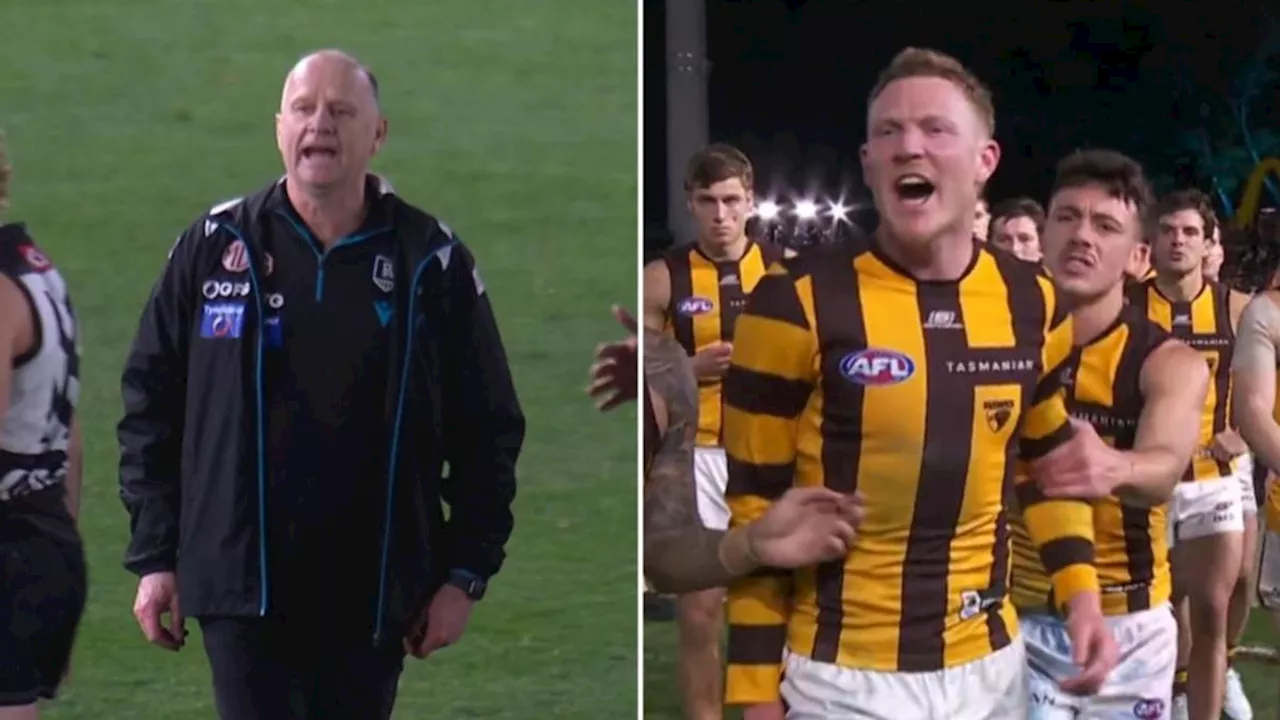 Furious scenes as Port Adelaide coach Ken Hinkley ‘mouths off’ at Hawthorn players: ‘Poor form’