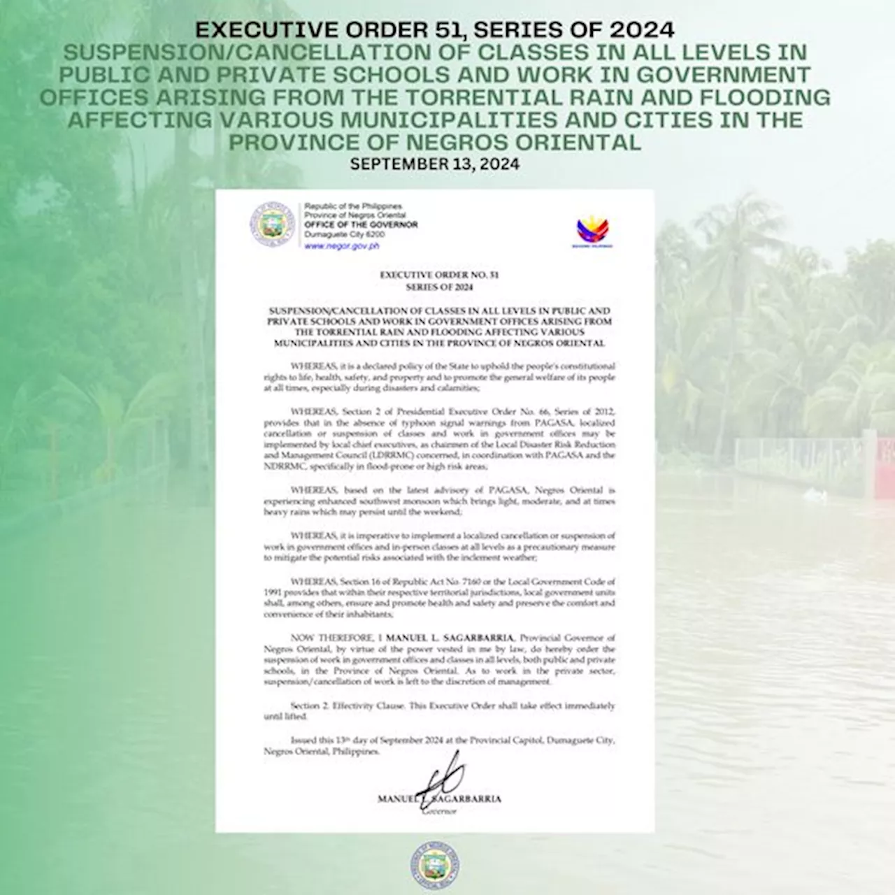 Governor suspends classes, gov’t work in Negros Oriental due to heavy rains