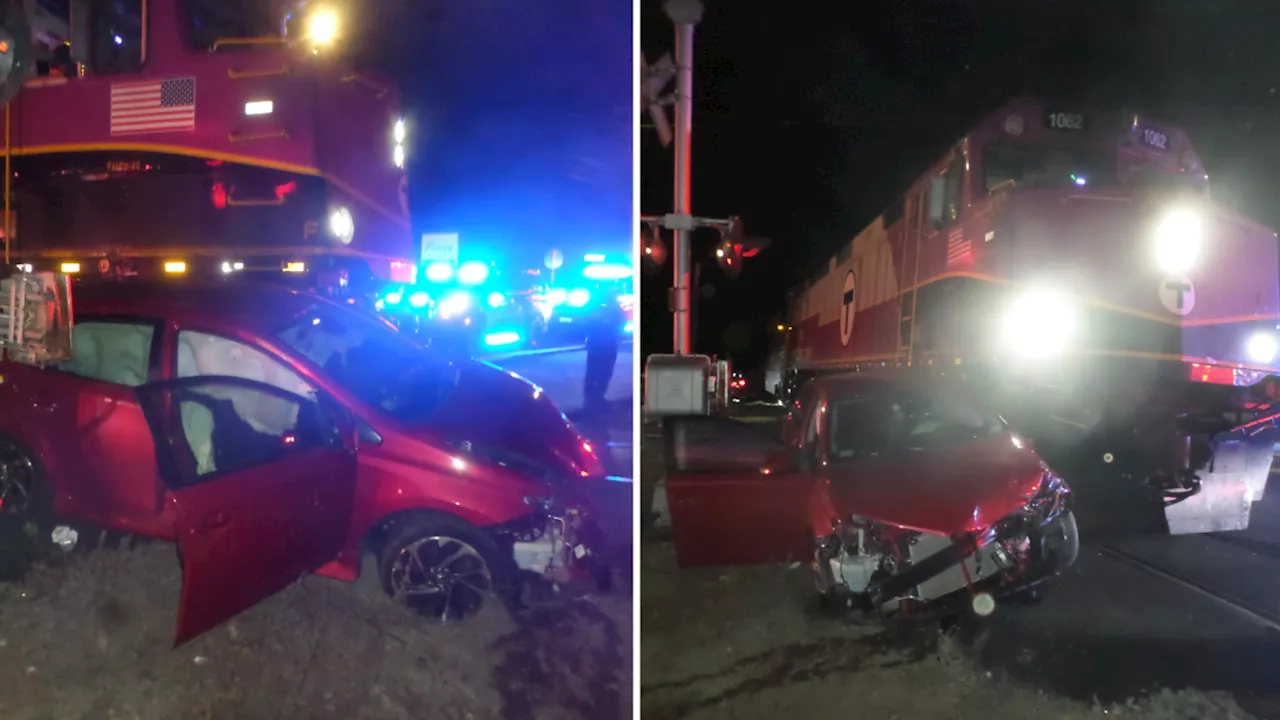 Train hits teen driver's car, stuck on MBTA tracks, in Stoughton