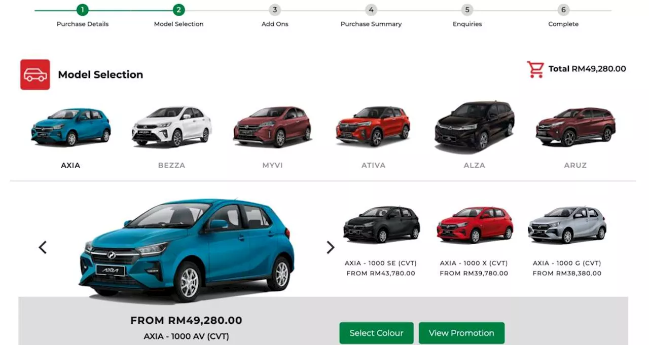 – order an Axia, Bezza, Myvi, Ativa, Alza, Aruz; pick colour, GearUp; RM100 fee