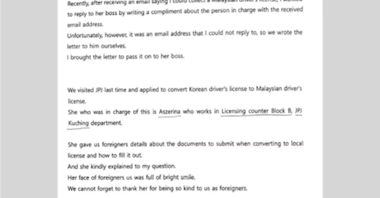 Korean couple praises Sarawak JPJ officer in letter