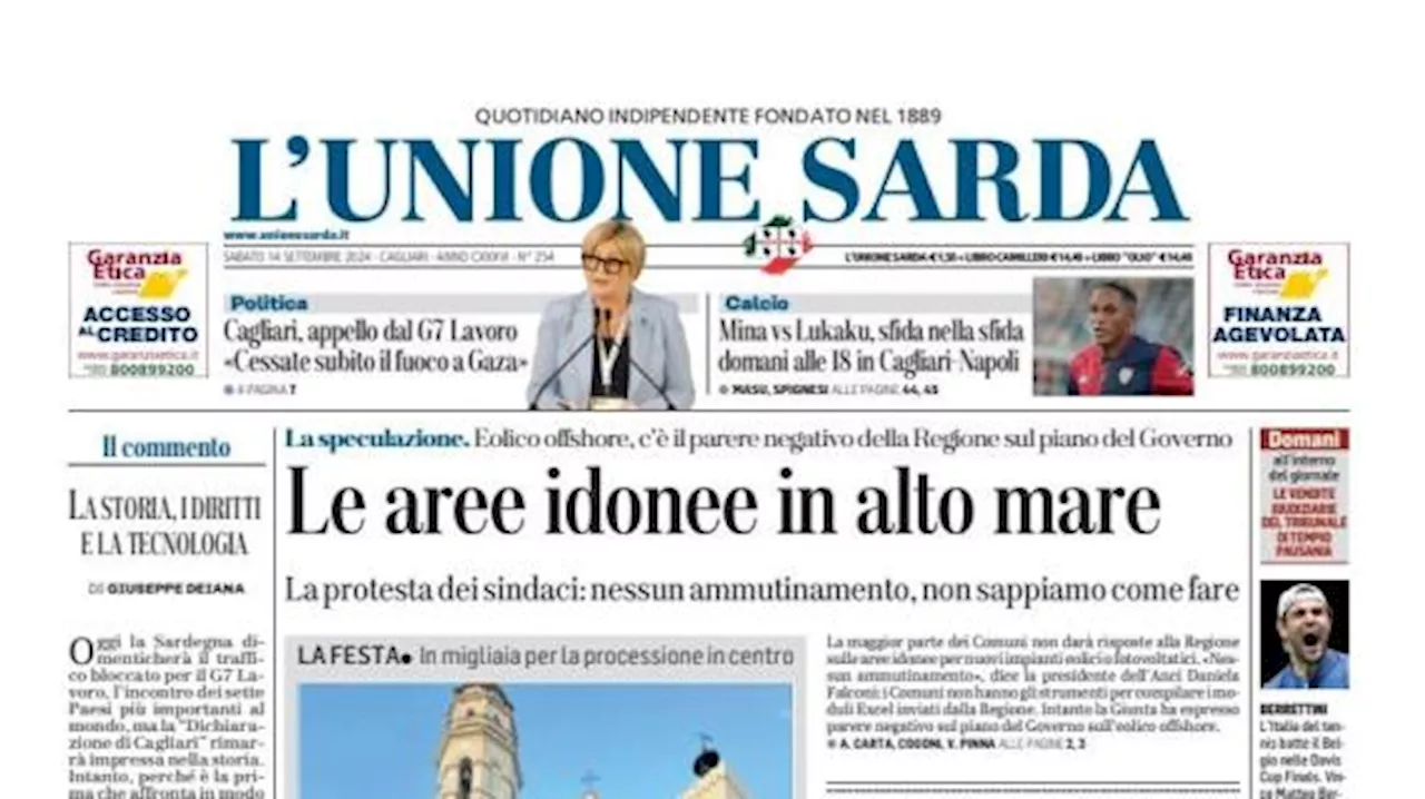 L'Unione Sarda in prima pagina: 'Mina vs Lukaku, sfida nella sfida in Cagliari-Napoli'