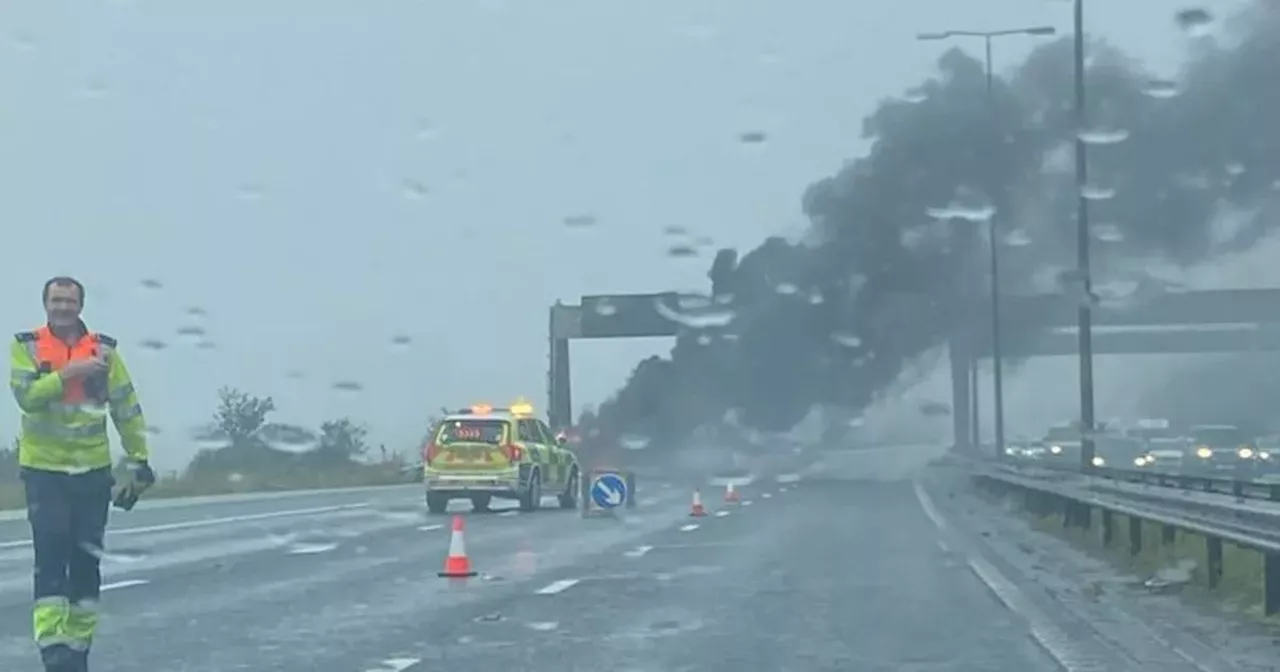 M62 car fire LIVE updates as drivers face five-mile queues and two lanes closed