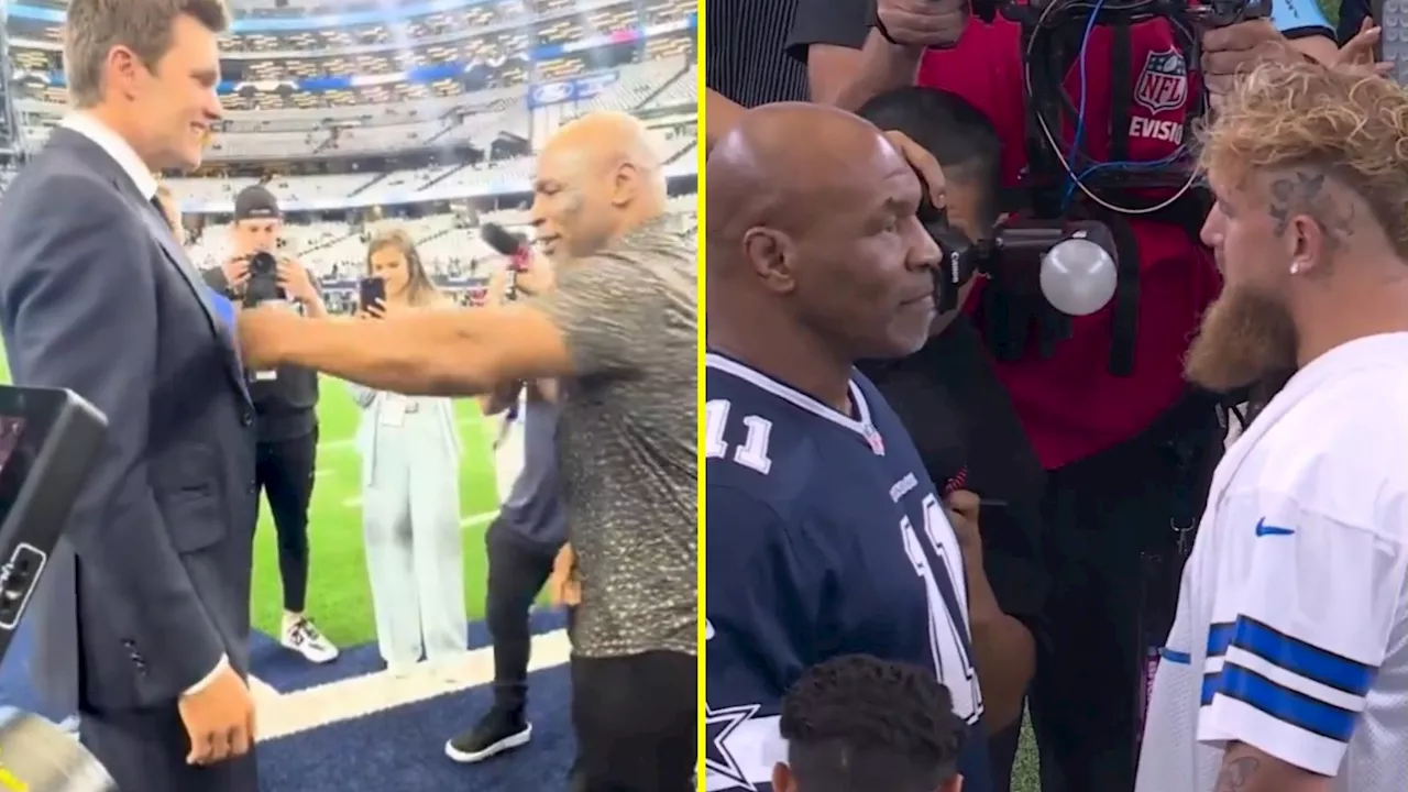 – Mike Tyson playfully jabs Tom Brady at Cowboys game before squaring off with Jake Paul...