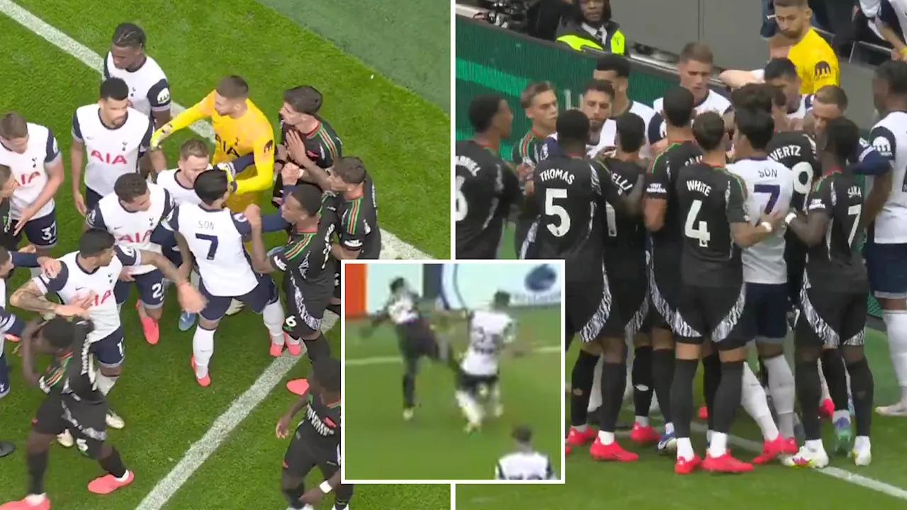 North London derby descends into chaos as Arsenal star grabs Tottenham goalkeeper Vicario after nasty...