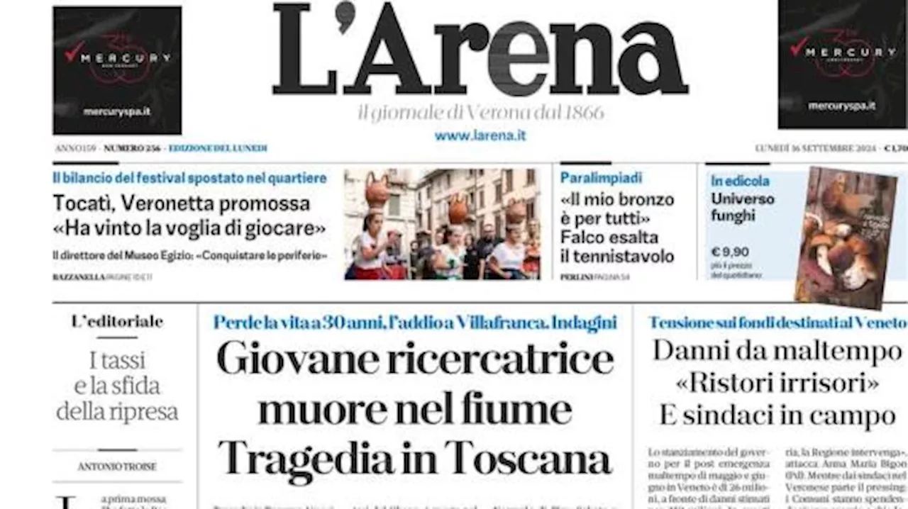 L'Arena in prima pagina sul Verona: 'Trasferta all'Olimpico: oggi duello con la Lazio'