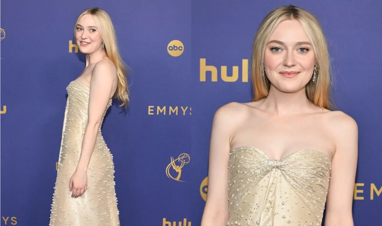 Dakota Fanning Shines in Pearl Overlay Armani Privé Dress for Emmy Awards 2024 Red Carpet