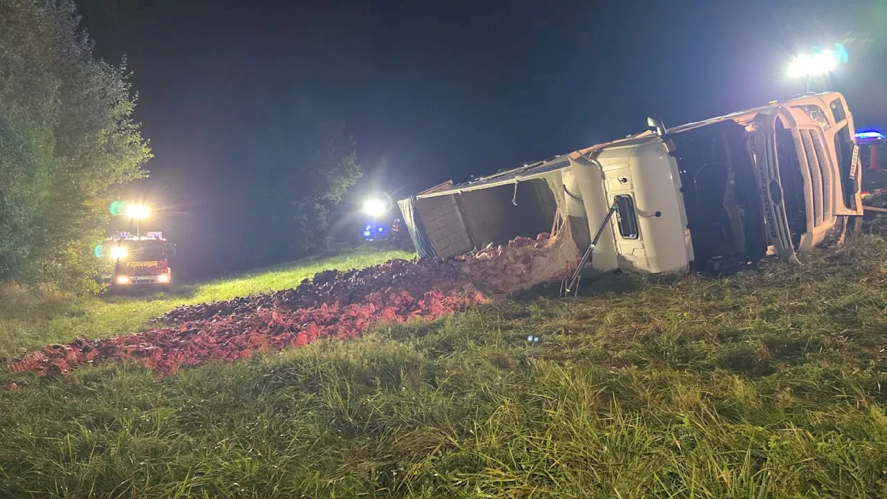 Blutiger Unfall auf Autobahn A3: Lkw mit Schlachtabfällen umgekippt