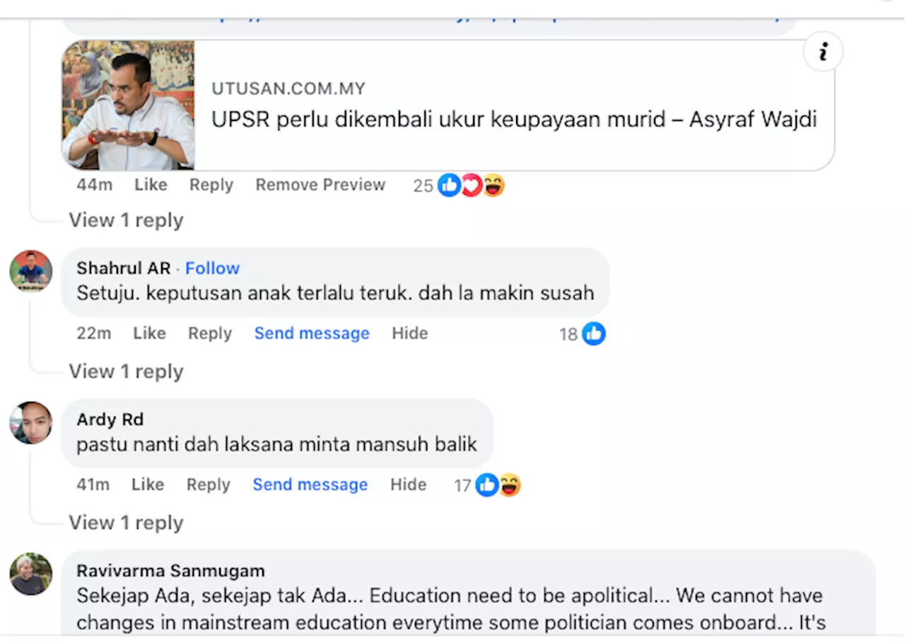 Ibu bapa, warga pendidik setuju UPSR dikembalikan