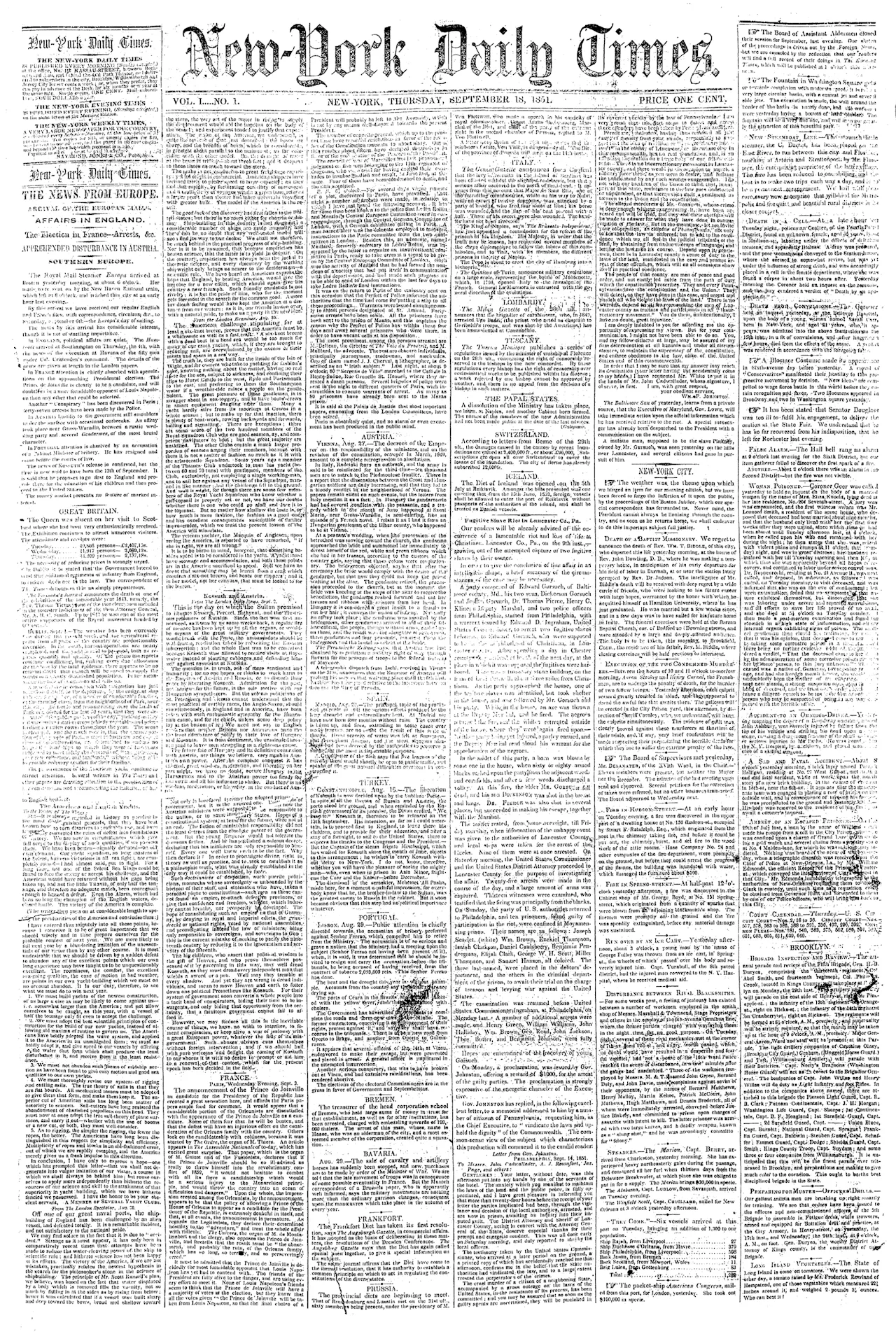 Today in History: September 18, first edition of The New York Times was published