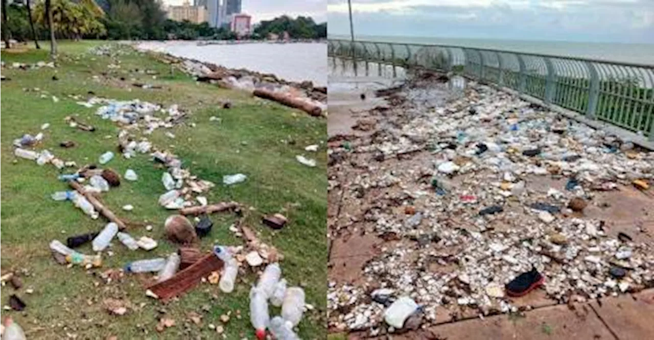 Trash washed up on Penang shores after high tides