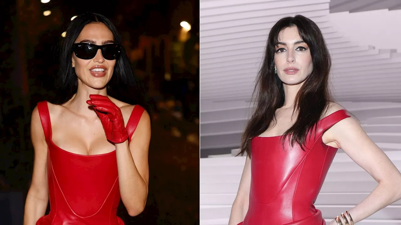 Amelia Gray Borrows Anne Hathaway's Cherry Red Versace Corset Dress for Milan Fashion Week