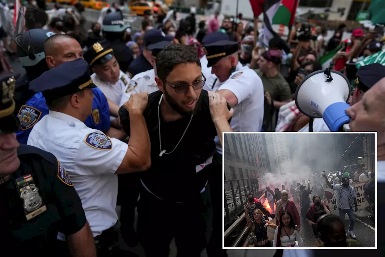 Hundreds of rabid anti-Israel protesters storm NYC on Labor Day, light flares and set off smoke bombs