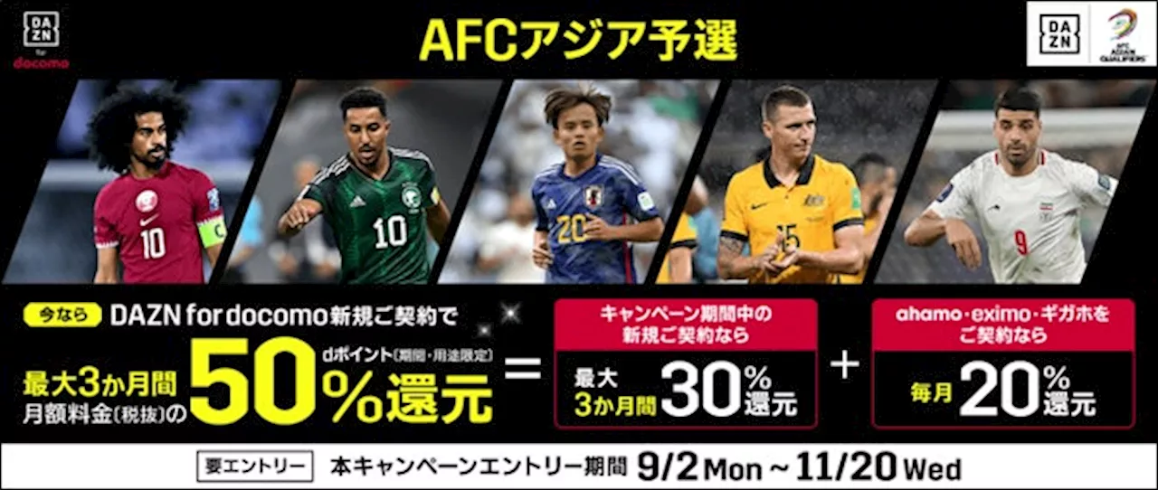 「DAZN for docomo」において「AFC アジア予選開幕︕d ポイント最大50%還元キャンペーン」を開催