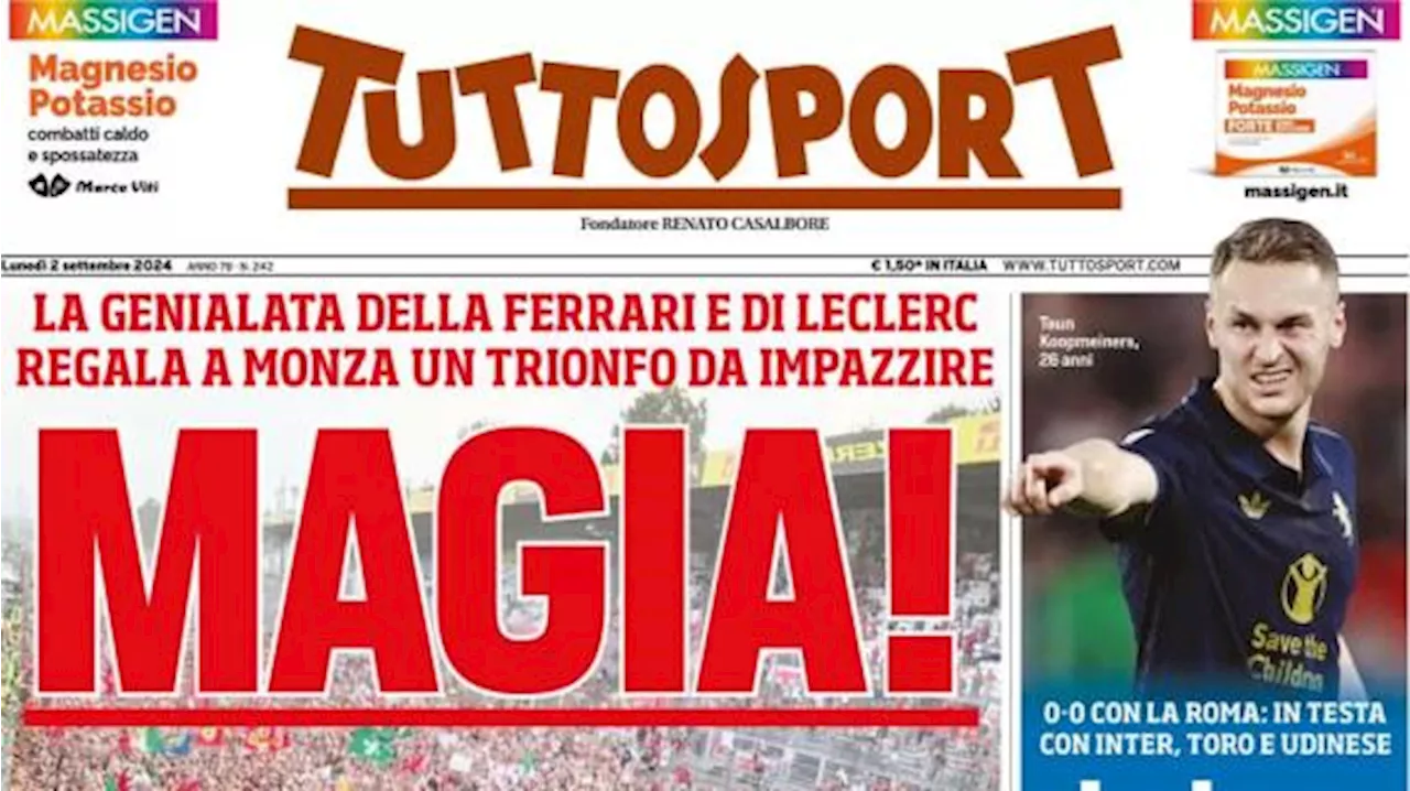 Zero a zero con la Roma, Tuttosport in apertura: 'La Juve frena ma non si ferma'