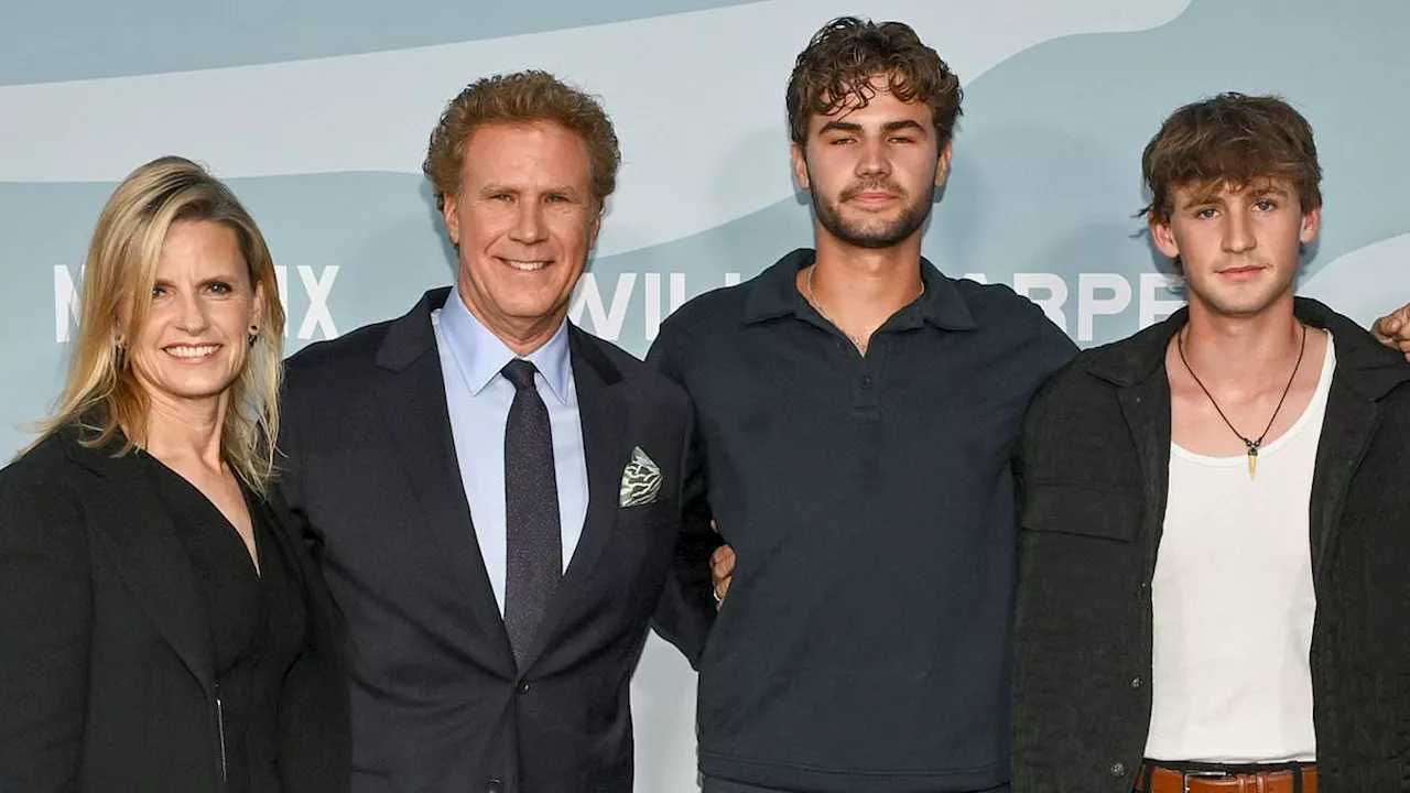 Will Ferrell, 57, makes the very rare move of posing with his wife Viveca and two of their sons at...