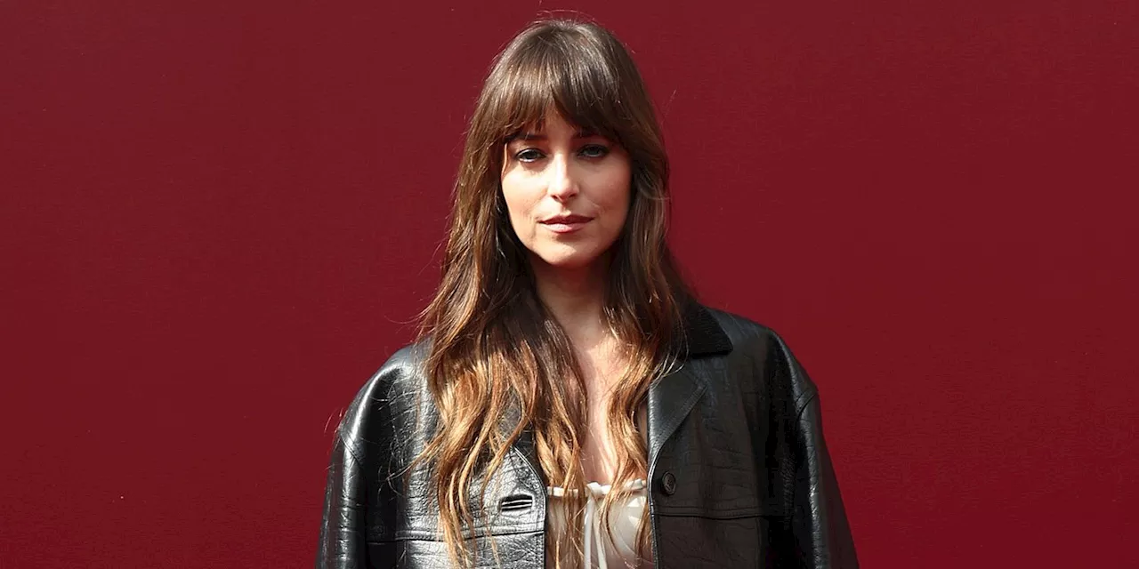 Dakota Johnson Paired a Sheer White Boho Dress With an Oversized Leather Jacket