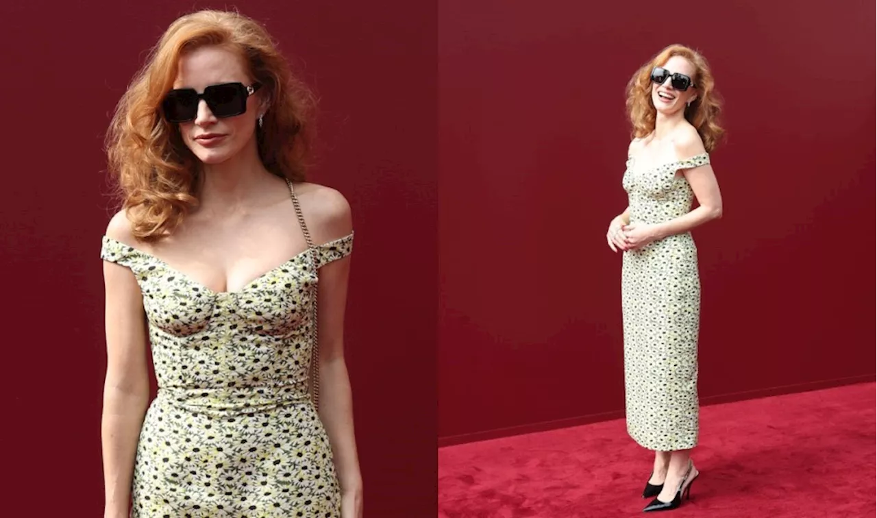 Jessica Chastain Makes a Vibrant Arrival in Floral-print Gucci Dress at Spring 2025 Milan Fashion Week Show