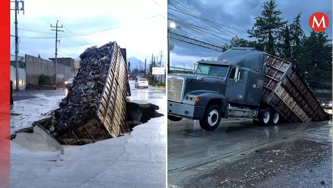 Tractocamión se hunde en enorme socavón en Amozoc, Puebla; conductor logró salvarse